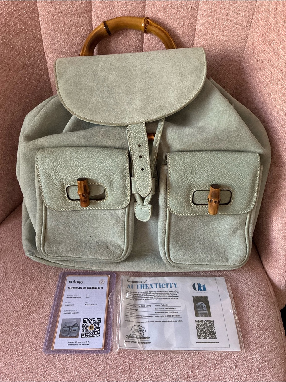 Gucci Leather and Suede Backpack with Bamboo Handle with COA